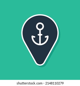 Blue Map pointer with anchor icon isolated on green background.  Vector