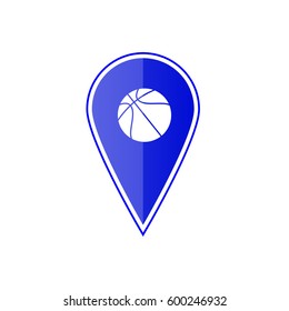 Blue map pointer with basketball on the white background. Vector design