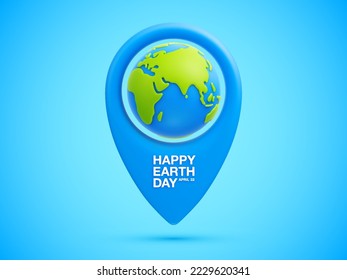 Blue map pointer with cartoon Earth globe. World traveling or GPS navigation concept. Earth day concept. Vector illustration