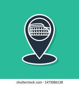 Blue Map pointer with Coliseum in Rome, Italy icon isolated on green background. Colosseum sign. Symbol of Ancient Rome, gladiator fights.  Vector Illustration
