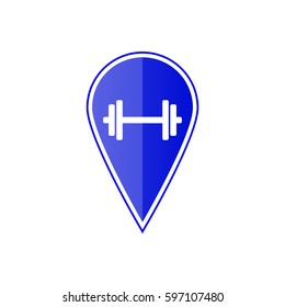 Blue map pointer with dumbbell on the white background. Vector design