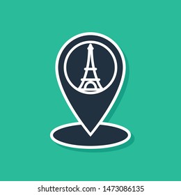 Blue Map pointer with Eiffel tower icon isolated on green background. France Paris landmark symbol.  Vector Illustration