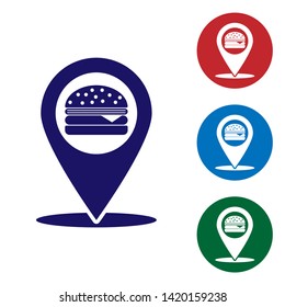 Blue Map pointer with fast food burger icon isolated on white background. Set color icon in circle buttons. Vector Illustration