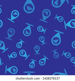 Blue Map pointer with fast food slice pizza icon isolated seamless pattern on blue background. Pizzeria location icon. Pizza cafe and restaurant marker. Vector Illustration