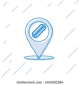 Blue Map pointer with fast food hotdog line icon isolated on white background. Sausage icon. Vector Illustration
