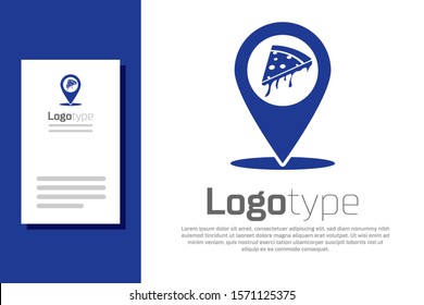 Blue Map pointer with fast food slice pizza icon isolated on white background. Pizzeria location icon. Pizza cafe and restaurant marker. Logo design template element. Vector Illustration