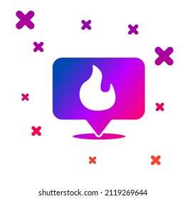 Blue Map pointer with fire flame icon isolated on white background. Fire nearby. Abstract circle random dots. Vector