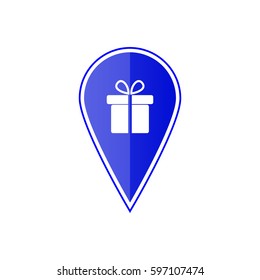 Blue map pointer with gift box on the white background. Vector design