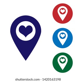 Blue Map pointer with heart icon isolated on white background. Set color icon in circle buttons. Vector Illustration