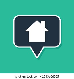 Blue Map pointer with house icon isolated on green background. Home location marker symbol.  Vector Illustration