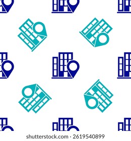 Blue Map pointer with house icon isolated seamless pattern on white background. Home location marker symbol.  Vector Illustration
