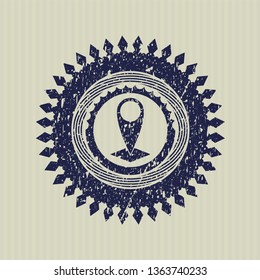 Blue map pointer icon inside distressed rubber grunge stamp