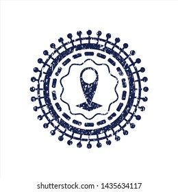 Blue map pointer icon inside distress rubber stamp with grunge texture