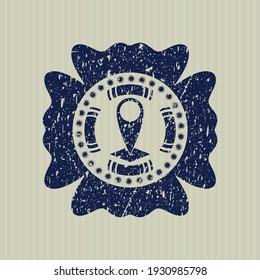 Blue map pointer icon inside rubber seal with grunge texture. 