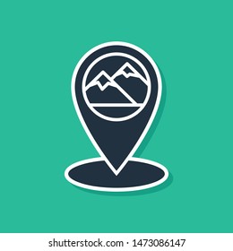 Blue Map pointer with mountain icon isolated on green background. Mountains travel icon.  Vector Illustration