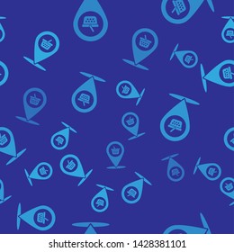 Blue Map pointer with shopping basket icon isolated seamless pattern on blue background. Pin point shop and shopping. Supermarket basket symbol. Vector Illustration