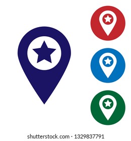 Blue Map pointer with star icon isolated on white background. Star favorite pin map icon. Map markers. Set color icon in circle buttons. Vector Illustration