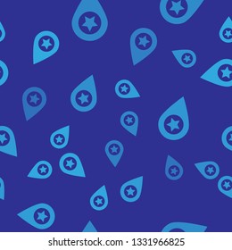Blue Map pointer with star icon isolated seamless pattern on blue background. Star favorite pin map icon. Map markers. Vector Illustration