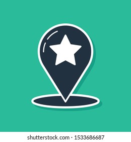 Blue Map pointer with star icon isolated on green background. Star favorite pin map icon. Map markers.  Vector Illustration