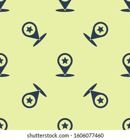 Blue Map pointer with star icon isolated seamless pattern on yellow background. Star favorite pin map icon. Map markers.  Vector Illustration