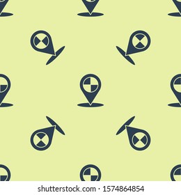 Blue Map pointer with taxi icon isolated seamless pattern on yellow background. Location symbol.  Vector Illustration