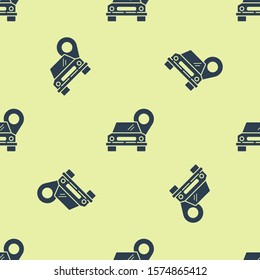 Blue Map pointer with taxi icon isolated seamless pattern on yellow background. Location symbol.  Vector Illustration