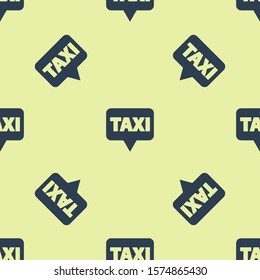 Blue Map pointer with taxi icon isolated seamless pattern on yellow background. Location symbol.  Vector Illustration
