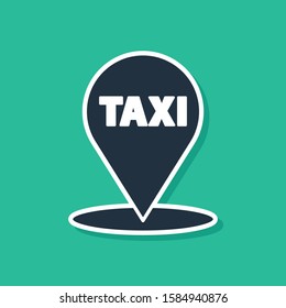 Blue Map pointer with taxi icon isolated on green background. Location symbol.  Vector Illustration