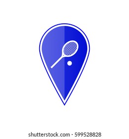 Blue map pointer with tennis racket and ball on the white background. Vector design