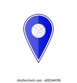 Blue map pointer with volleyball ball on the white background. Vector design