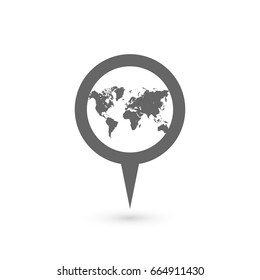 Blue map pointer with world map silhouette icon. Vector illustration with dropped shadow.