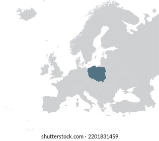 Blue Map of Poland within gray map of European continent