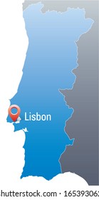 blue map of Portugal with marker in the position with Lisbon