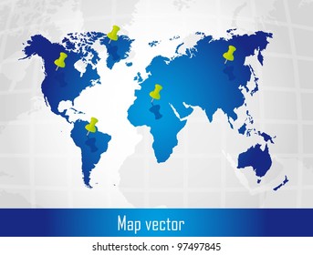 Blue Map With Push Pin Over Silver Background. Vector