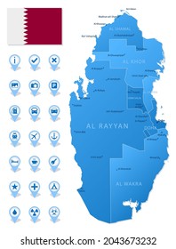 Mapa azul de las divisiones administrativas de Qatar con íconos de infografía de viajes. Ilustración del vector