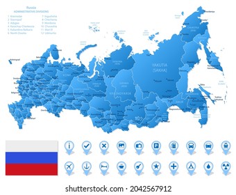 Blue map of Russian Federation administrative divisions with travel infographic icons. Vector illustration