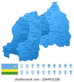 Blue map of Rwanda administrative divisions with travel infographic icons. Vector illustration