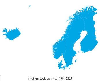 Blue Map of Scandinavia (Norway, Iceland, Sweden, Finland, Denmark)