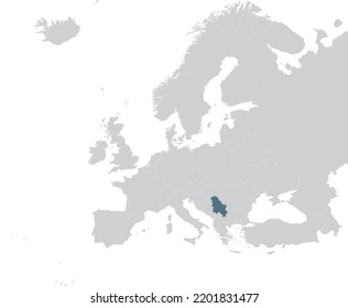 Blue Map of Serbia within gray map of European continent