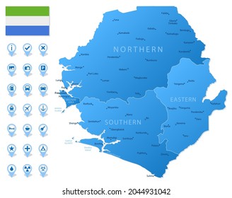 Blue map of Sierra Leone administrative divisions with travel infographic icons. Vector illustration