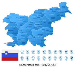 Blue map of Slovenia administrative divisions with travel infographic icons. Vector illustration