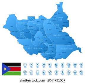 Blue map of South Sudan administrative divisions with travel infographic icons. Vector illustration