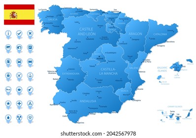 Blue map of Spain administrative divisions with travel infographic icons. Vector illustration