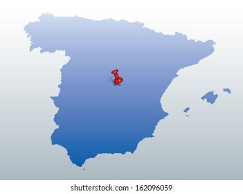 blue map of Spain with red push pin indicating the position of M