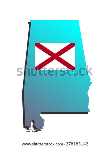 blue map of state alabama with flag