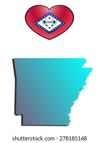 blue map of state arkansas with heart flag