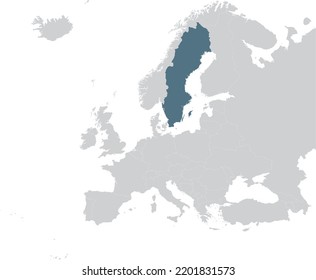 Blaue Karte Schwedens auf der grauen Karte des europäischen Kontinents