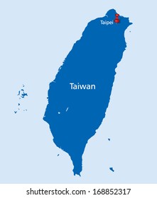 blue map of Taiwan with red push pin in the position of Taipei