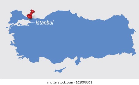 blue map of Turkey with red push pin indicating the position of Istambul