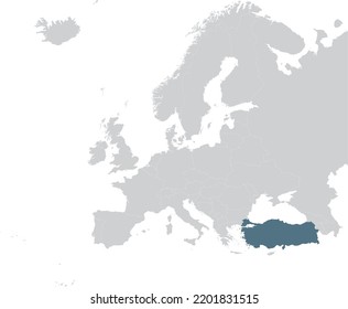 Blue Map of Turkey within gray map of European continent